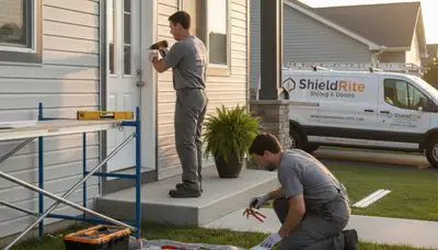 Technician repairing vinyl door frame and siding in Memphis, TN for Next Level Exteriors