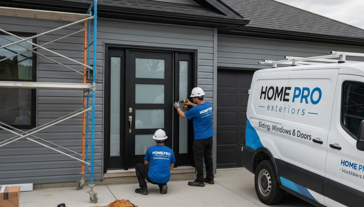 Technician repairing vinyl door frame at Memphis TN home for Next Level Exteriors door repair service