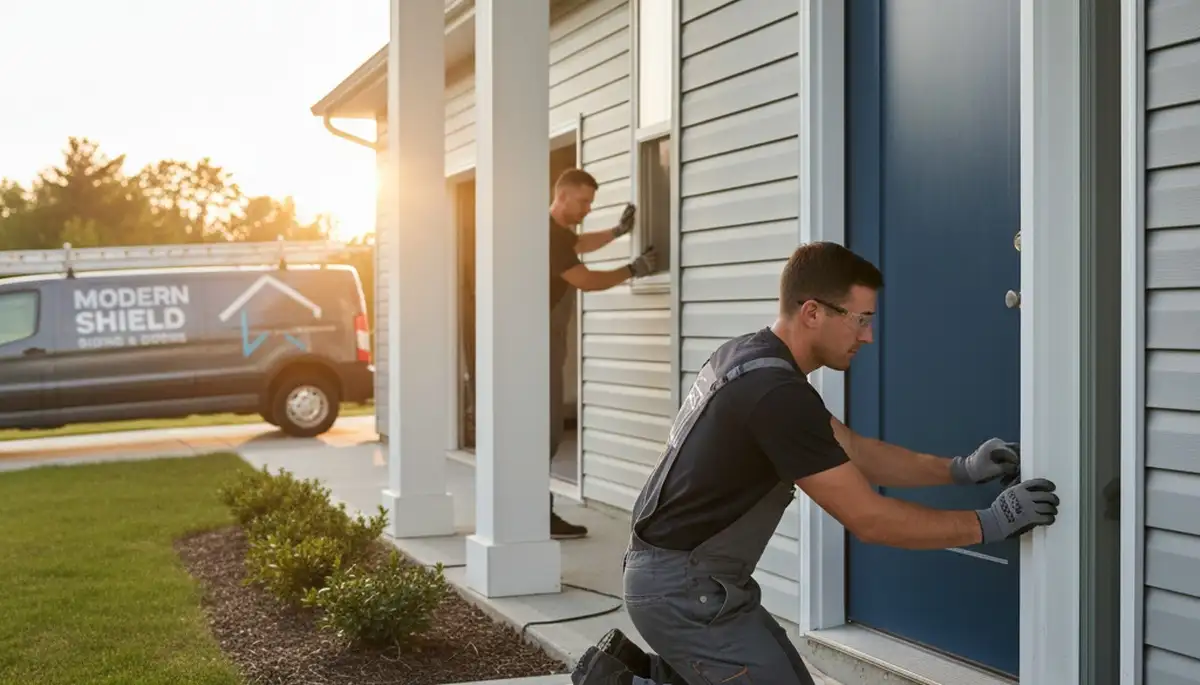 Technician repairing exterior vinyl door frame in Memphis, TN for Next Level Exteriors