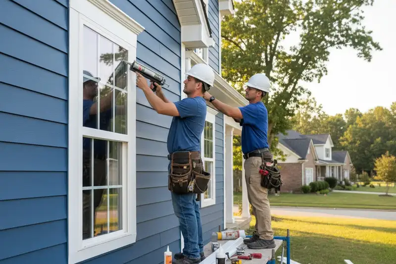 Technicians finish vinyl siding trim and caulking on a Memphis, TN home for weatherproof protection