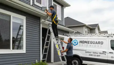 Technician performing gutter inspection on vinyl siding home in Memphis, TN