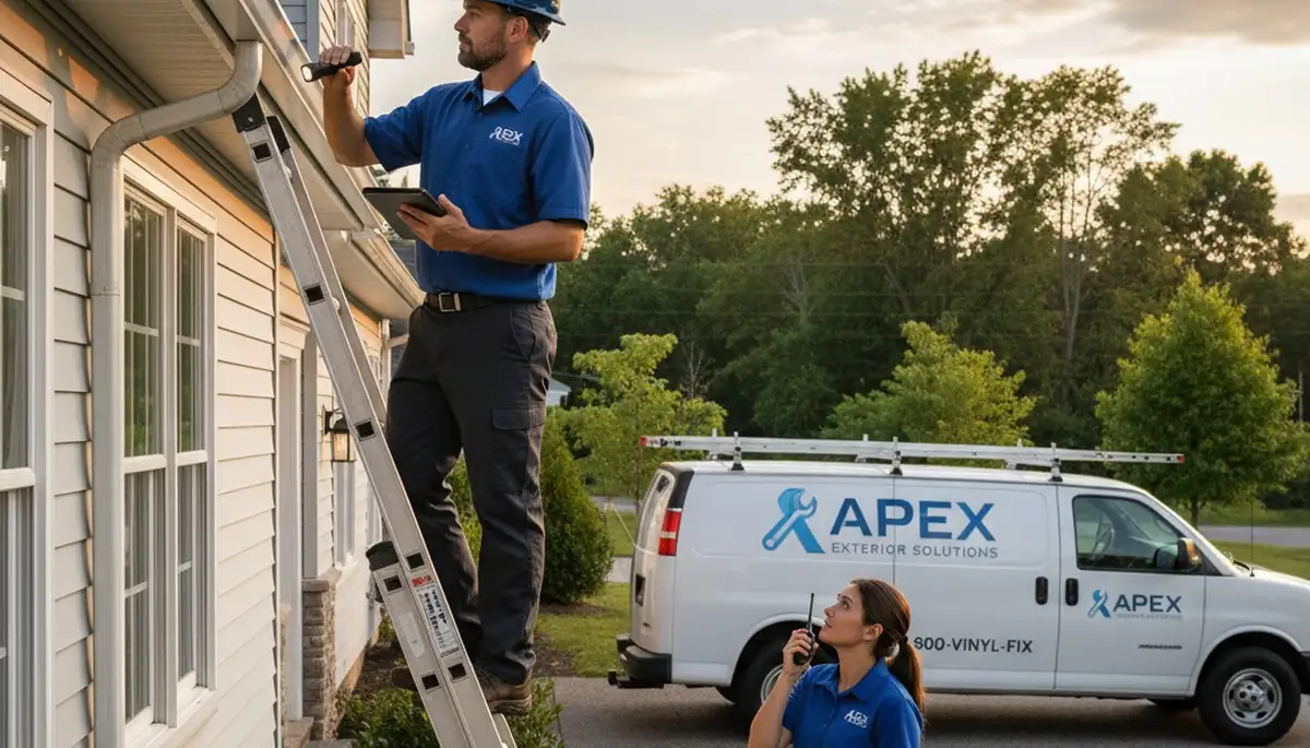 Technician performing gutter inspection on vinyl siding home in Memphis, TN