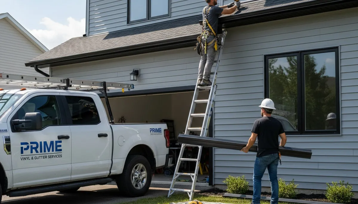 Technician repairing residential gutters on vinyl siding home in Memphis, TN