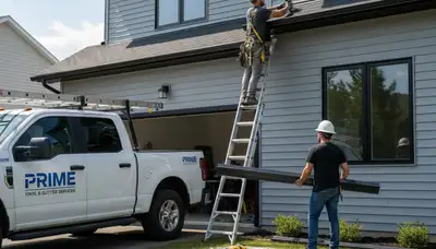 Technician repairing residential gutters on vinyl siding home in Memphis, TN