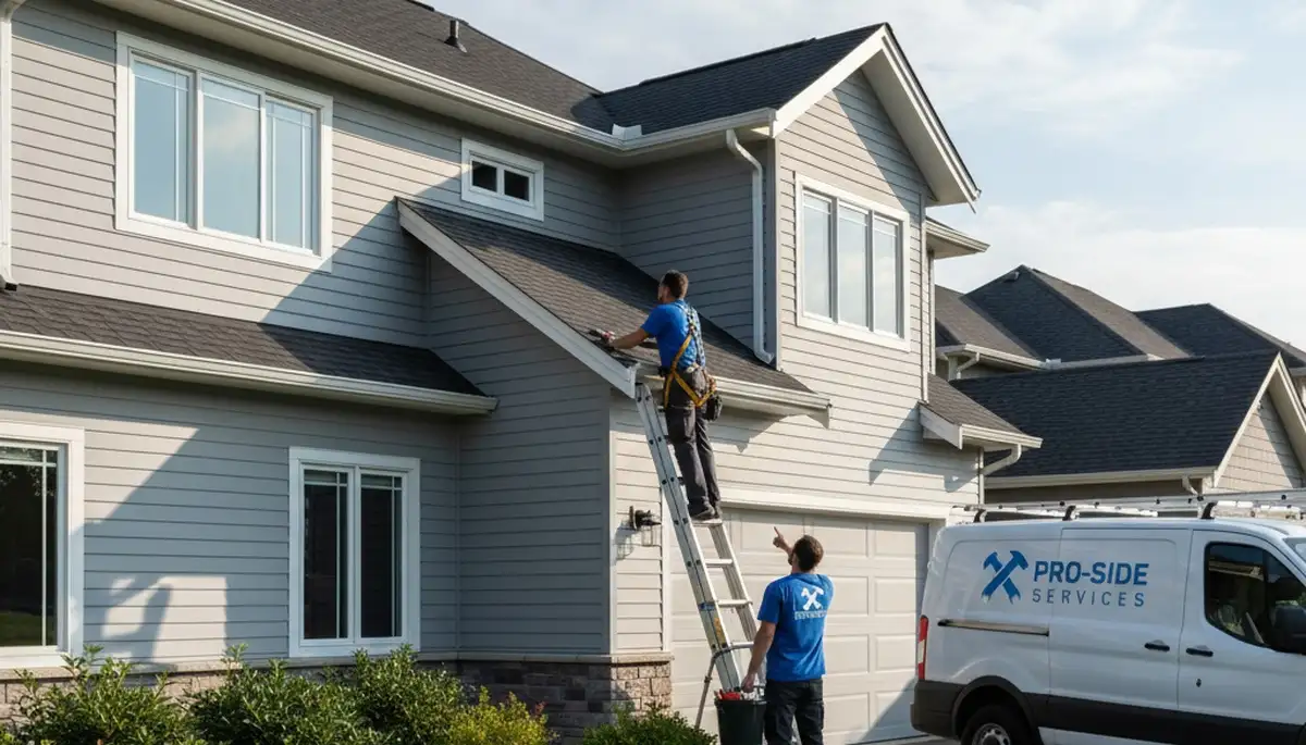 Technician repairing damaged house gutters in Memphis, TN for vinyl siding and exterior protection