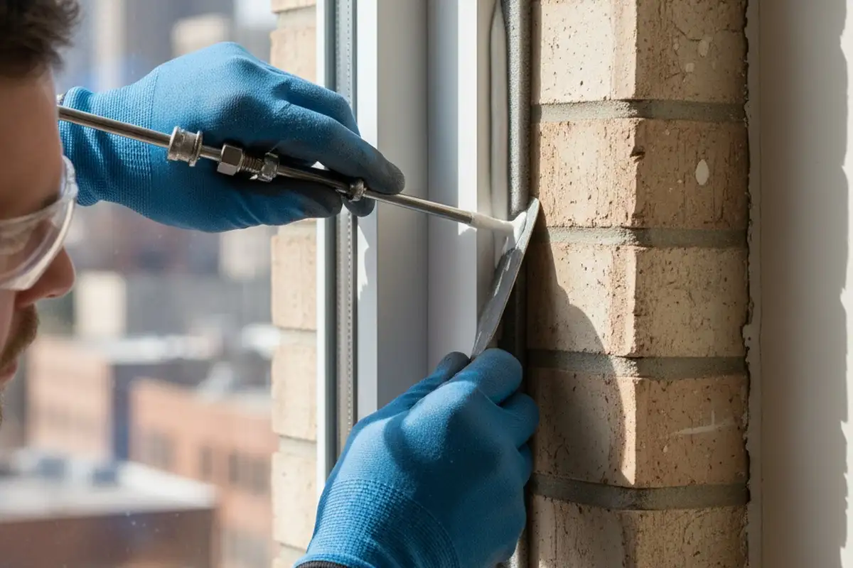 Technician sealing window frame for vinyl siding replacement in Memphis, TN to improve energy efficiency