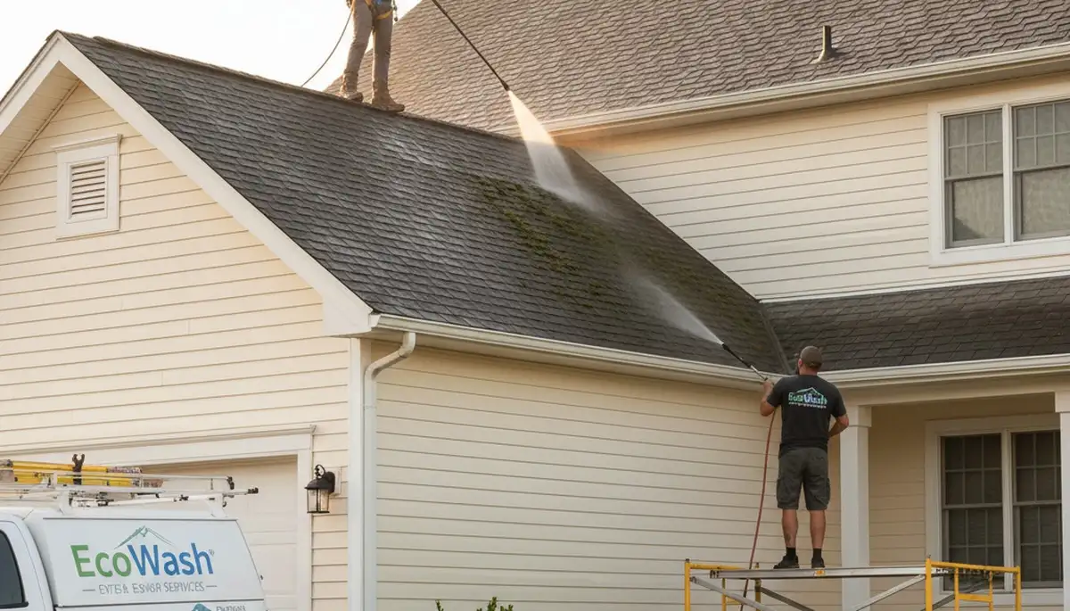 Professional roof cleaning service removing algae and debris in Memphis, TN by vinylsidingmemphis.com
