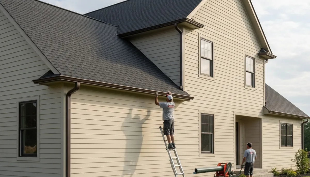 Seamless gutter installation on Memphis TN home by Next Level Exteriors vinyl siding specialists