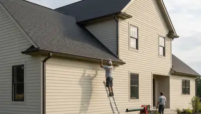 Seamless gutter installation on Memphis TN home by Next Level Exteriors vinyl siding specialists